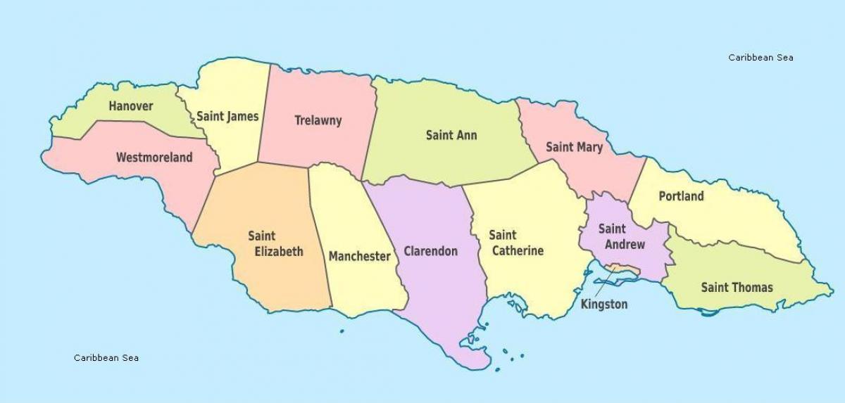 une carte de la jamaïque, avec les paroisses et les capitales