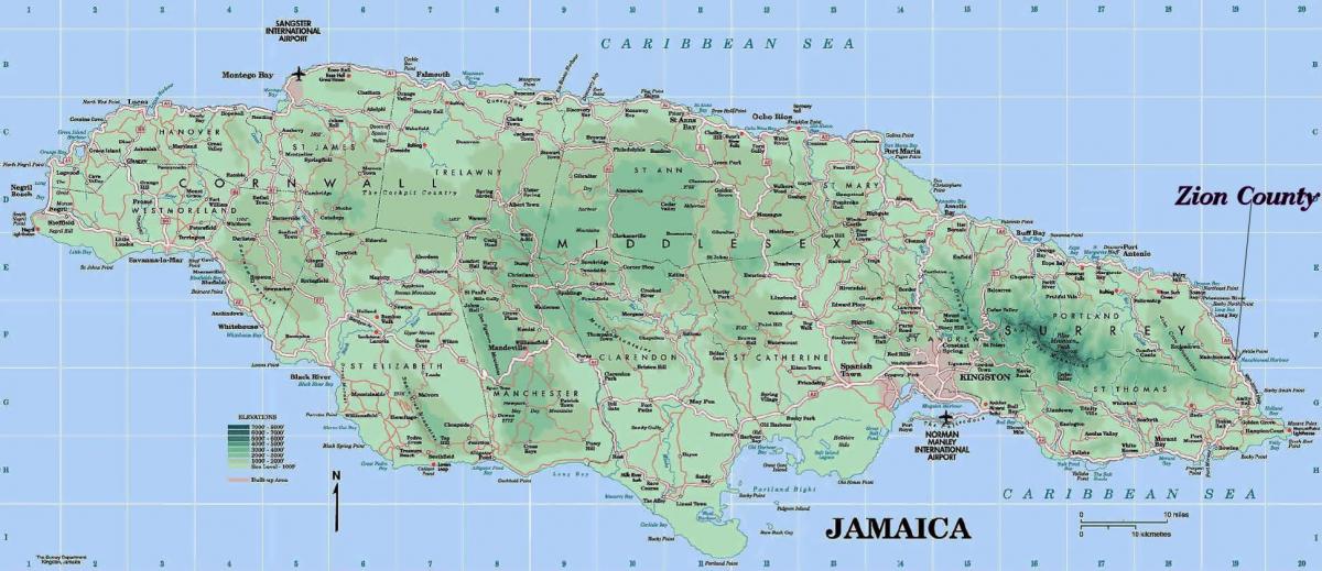 carte physique de la jamaïque montrant les montagnes