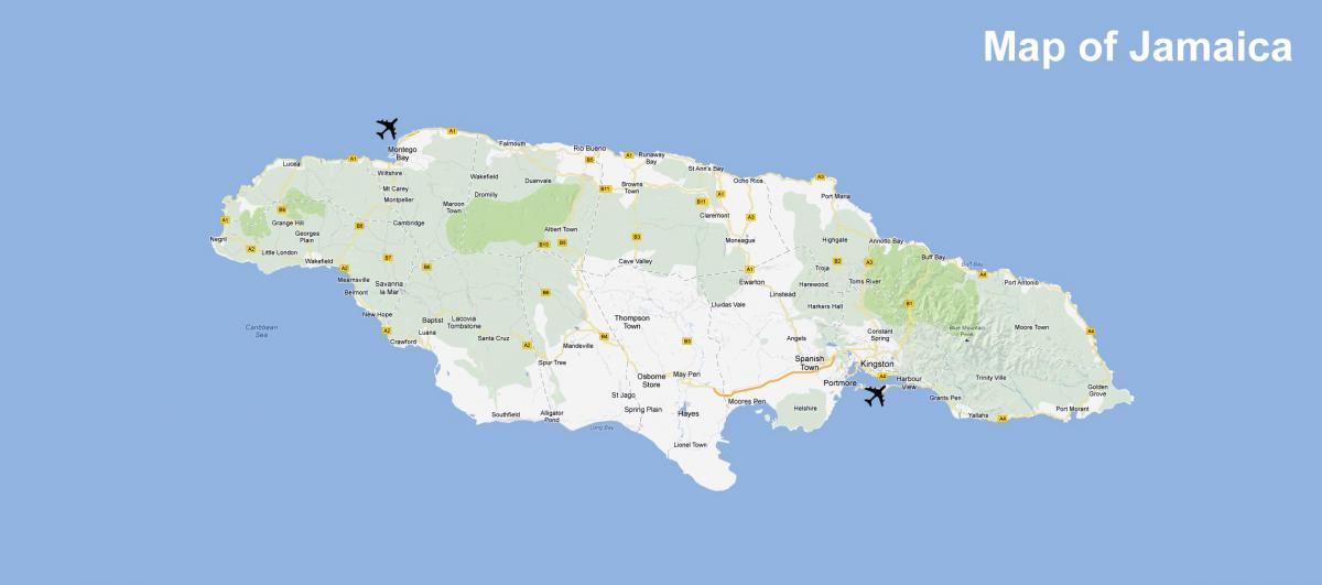 carte de la jamaïque, les aéroports et les stations
