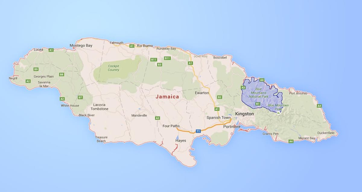 Carte des blue mountains en jamaïque
