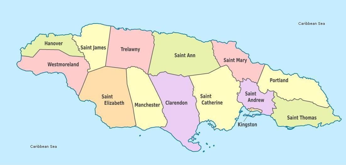 Carte de la jamaïque, antilles, avec les paroisses