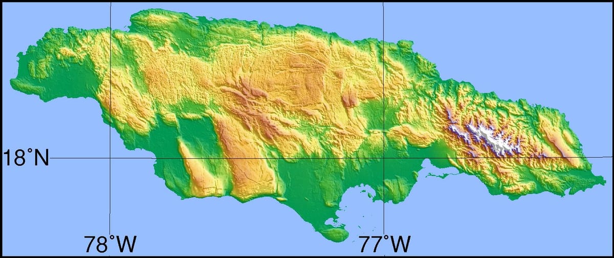 carte de la jamaïque montrant les montagnes, les plaines et les vallées