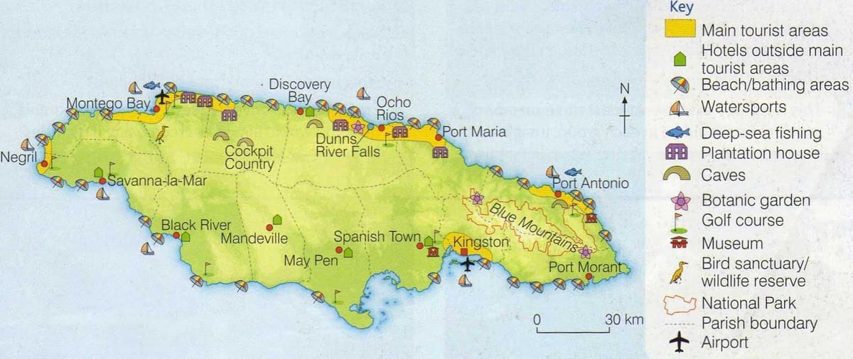 Carte de la jamaïque montrant les zones de villégiature