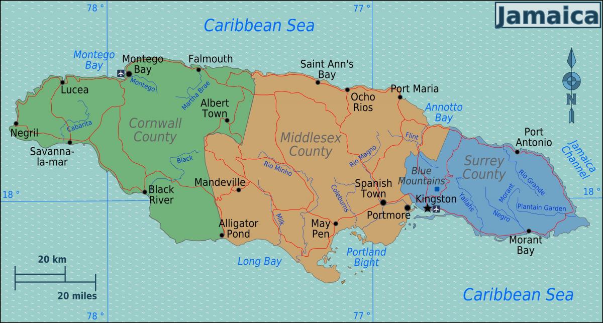 Carte de la jamaïque, les paroisses et les villes