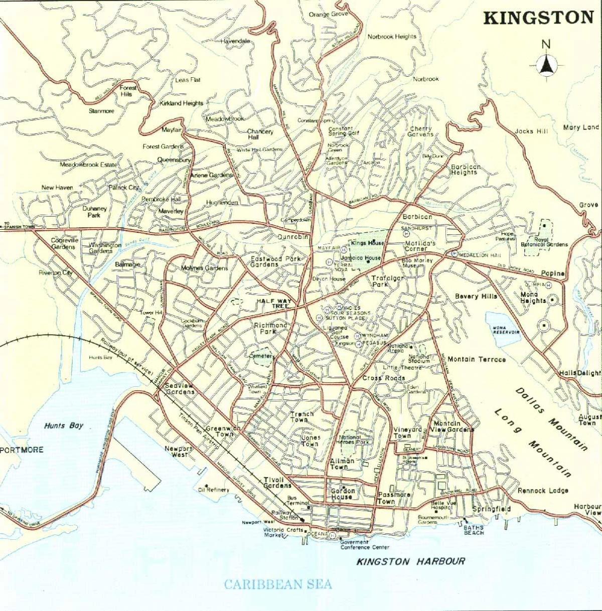 La carte de kingston, jamaïque quartiers