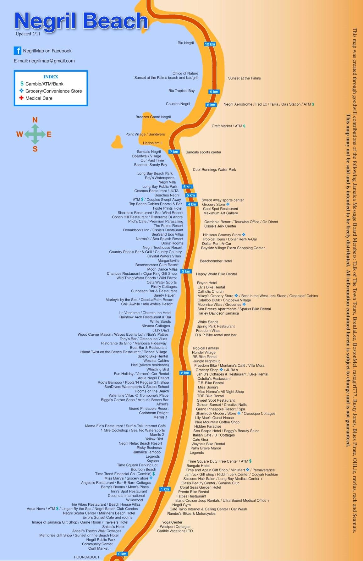 carte des stations de negril, jamaïque