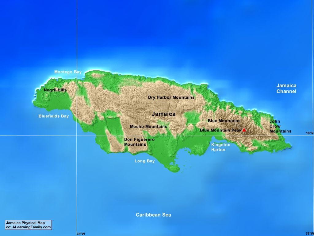 Carte de la jamaïque montagnes