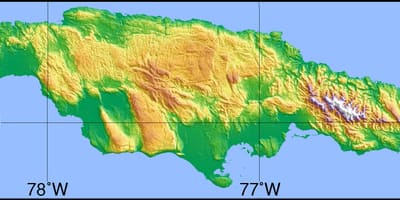 Carte de la jamaïque montrant les montagnes, les plaines et les vallées